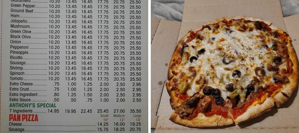 Anthony's Pizzeria Menu